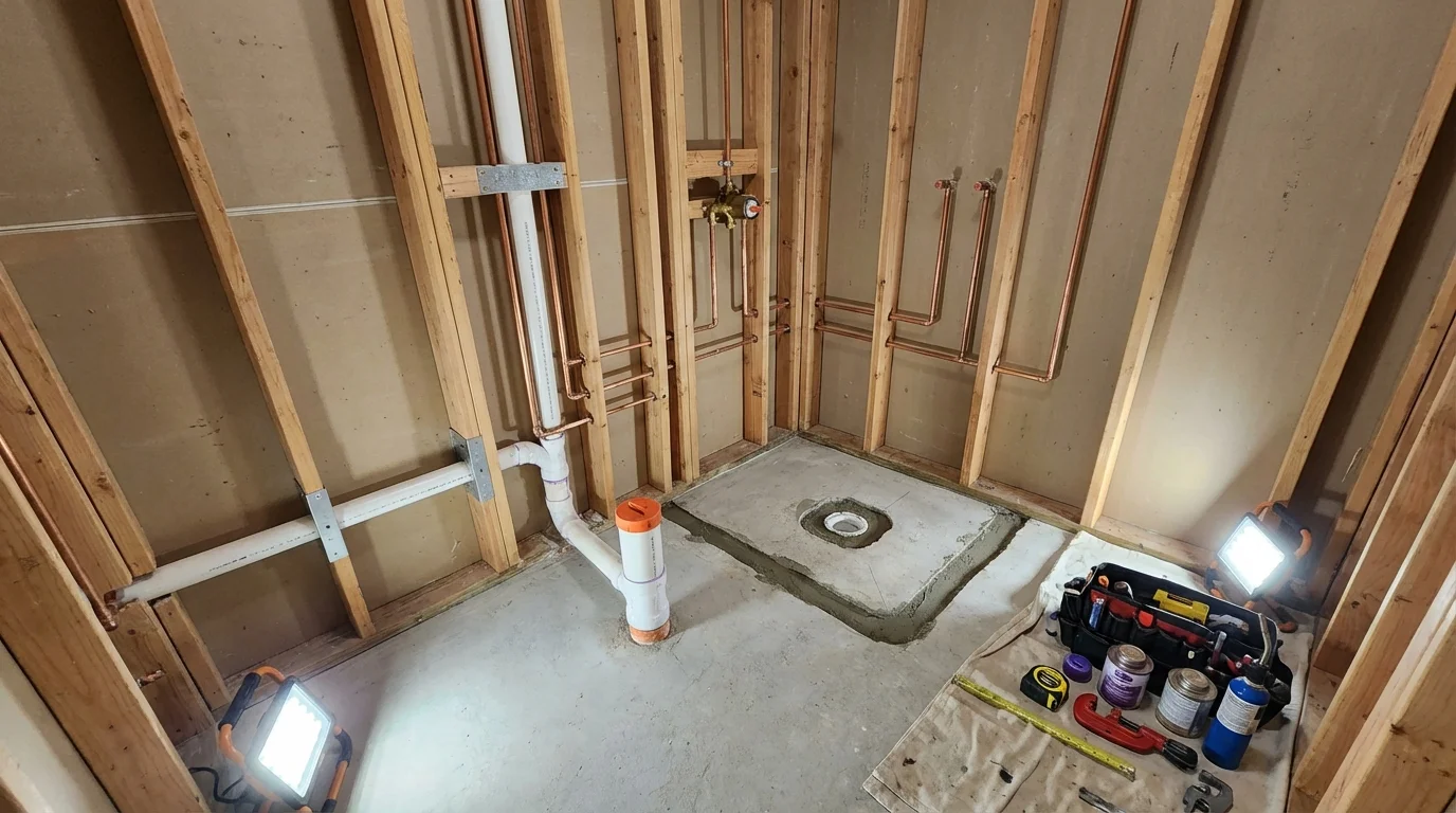 Bathroom rough-in plumbing during remodel by Johns Plumbing LLC in Iowa Falls