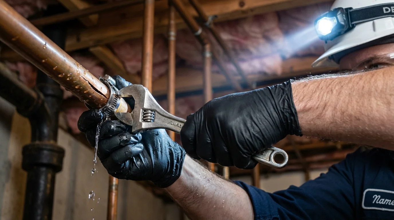 Emergency pipe clamp repair being performed by a Johns Plumbing LLC plumber in Iowa Falls