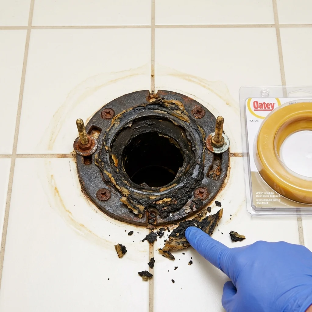 Failed wax ring showing water seepage at the base of a toilet in a Iowa Falls, IA home