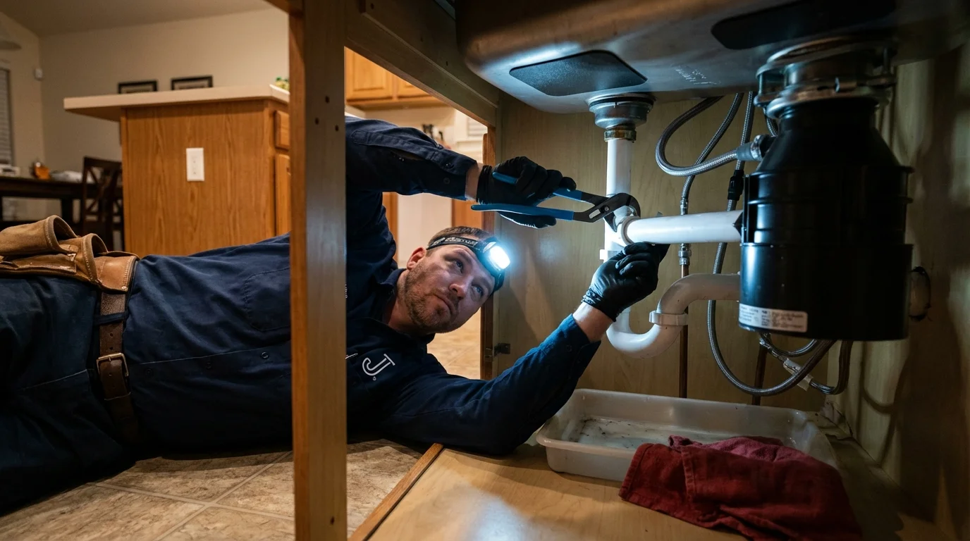 P-trap and supply line connections under a kitchen sink showing a common leak point in Iowa Falls, IA